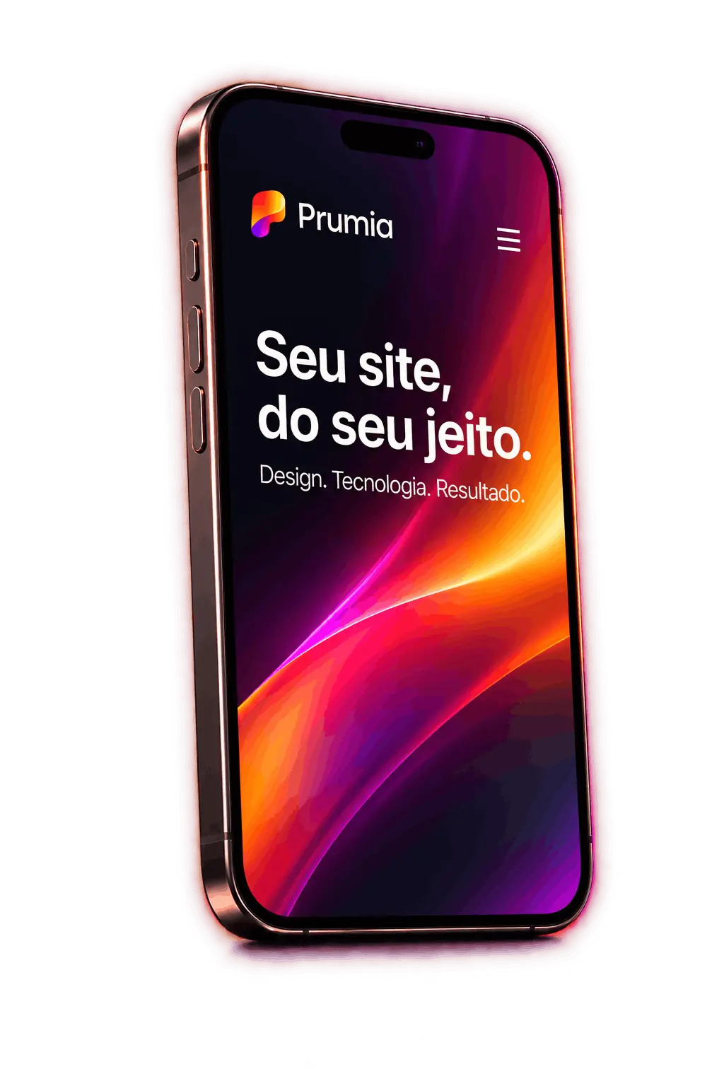 iPhone completo exibindo a identidade visual da Prumia
